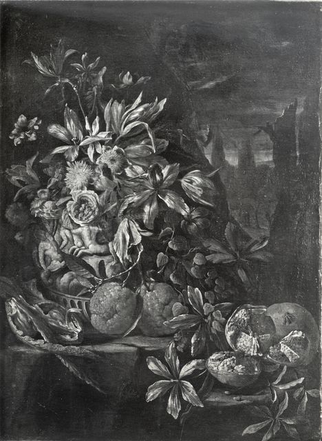 Anonimo — Autore non indicato - sec. XVII - Natura morta con vaso scolpito, agrumi, melagrane e carciofi — insieme